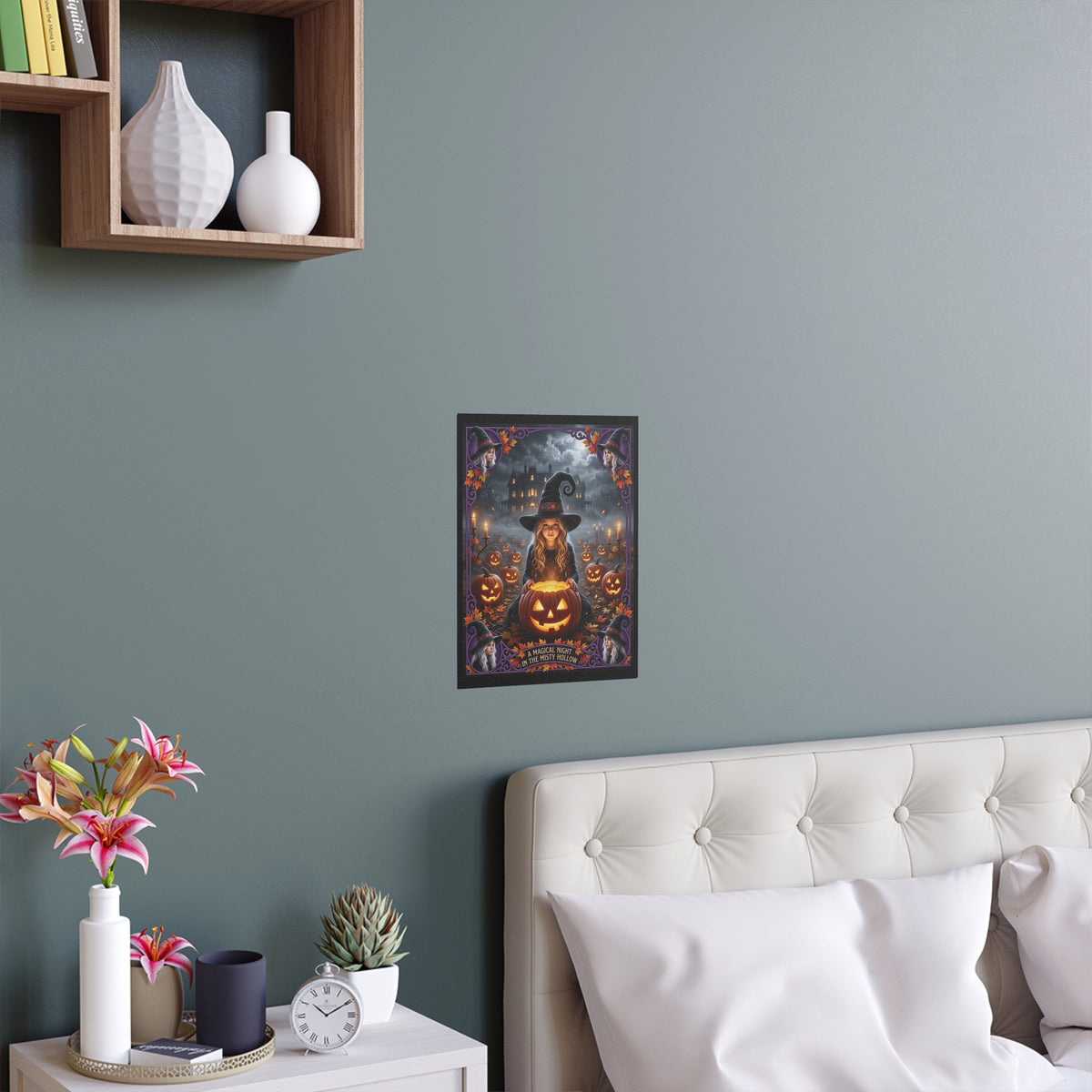 A Magical Night in the Misty Hollow | Silk-finish Poster | Cute Halloween Witch, Glowing Jack-o'-Lanterns | Fall Gift for Kids and Adults