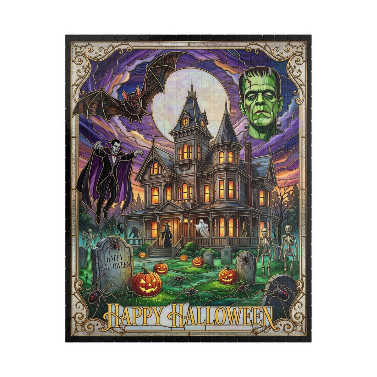 Vintage "Happy Halloween" Stained-Glass Jigsaw Puzzle | Classic Frankenstein & Vampire Monsters | Haunted Victorian Mansion