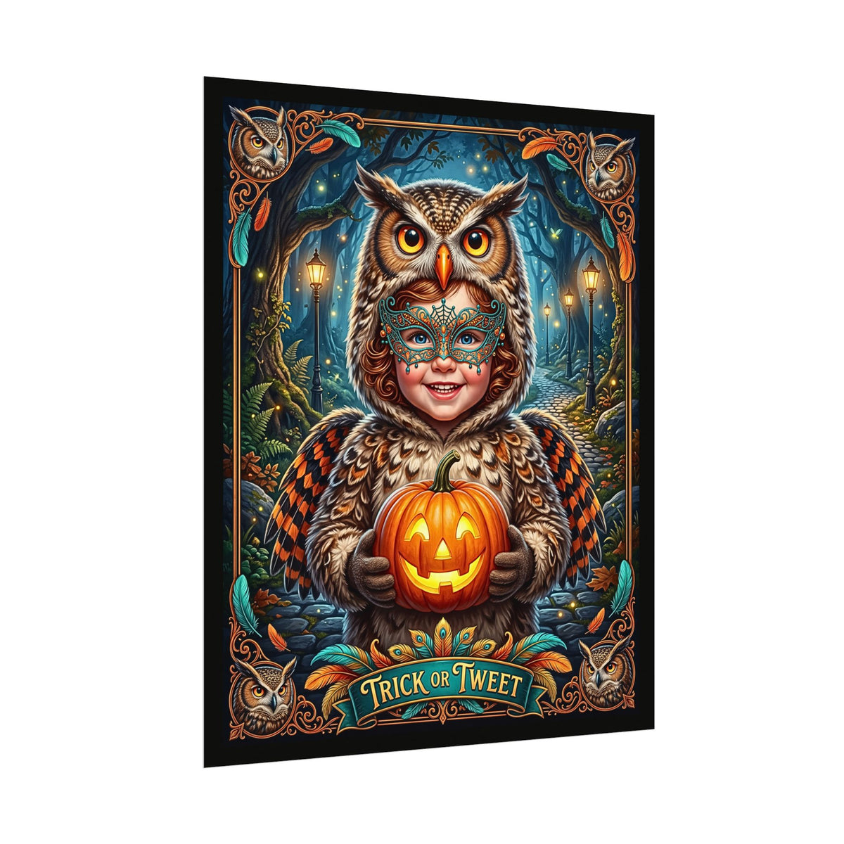 Adorable Halloween Owl Costume | Textured Watercolor Matte Poster |  "Trick or Tweet" Vintage Night Forest | Cute Jack-O-Lantern Fall Poster