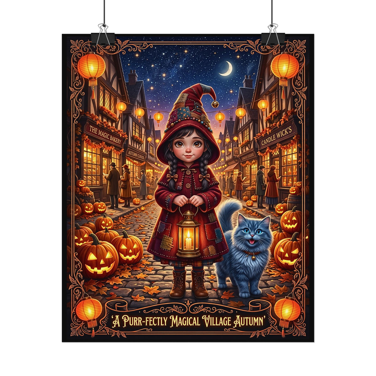 Whimsical Halloween Cute Girl and Blue Cat | Textured Watercolor Matte Poster | Purr-fectly Magical Autumn Village | Fall Jack-o'-Lanterns