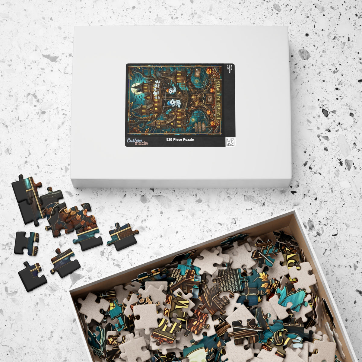 Whimsical Stained Glass Jigsaw Puzzle| Halloween Treehouse Print | Happy Ghost-O-Ween | Ghost Zipline Art| Construction Ghosts & Black Cats