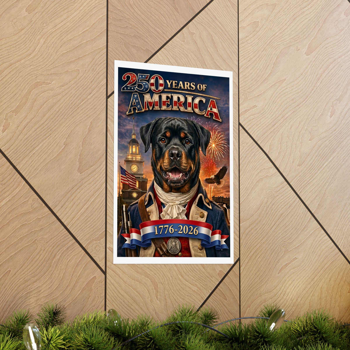 Patriotic ROTTWEILER Dog | Matte Finish Poster | 250 Years of America 1776-2026 | Independence Hall | Soaring Bald Eagle |Fireworks| 5 sizes