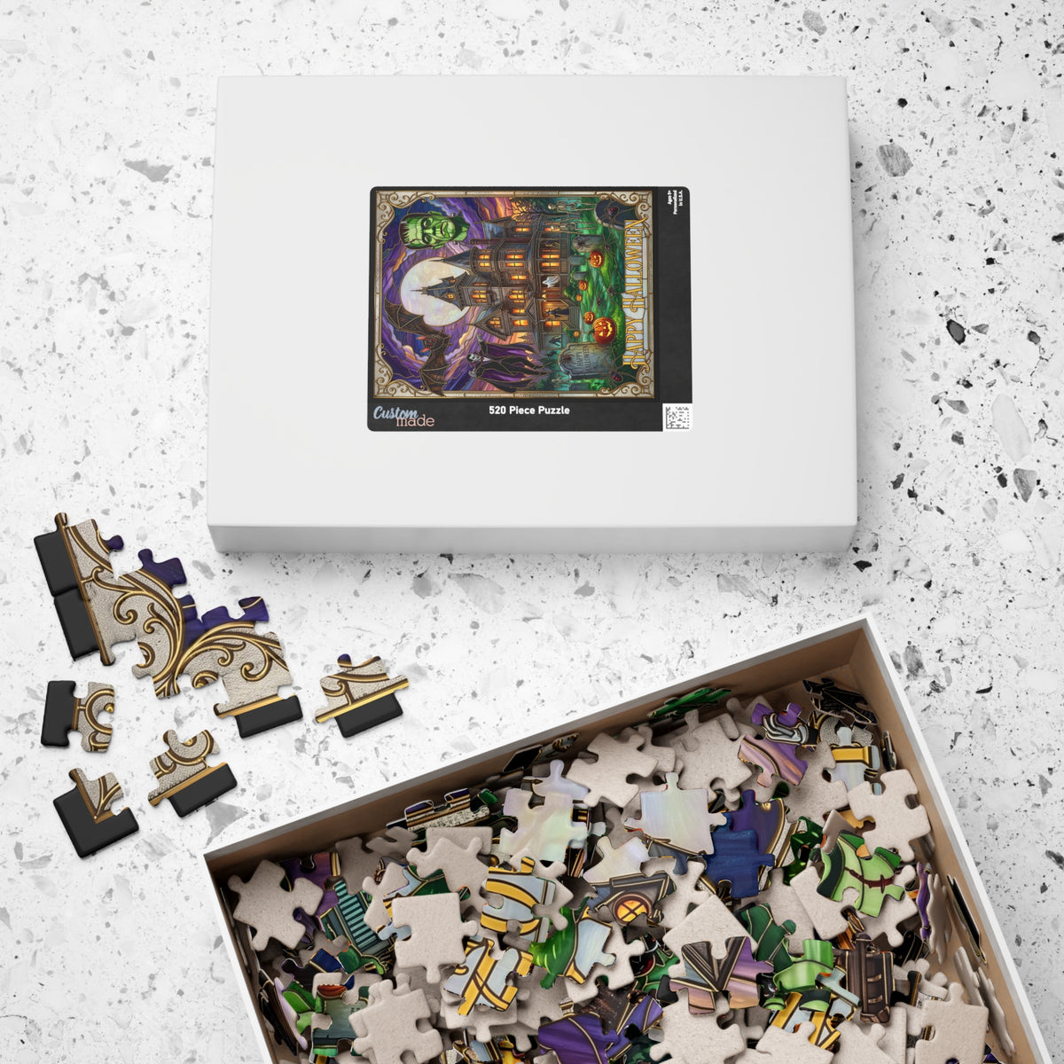 Vintage "Happy Halloween" Stained-Glass Jigsaw Puzzle | Classic Frankenstein & Vampire Monsters | Haunted Victorian Mansion