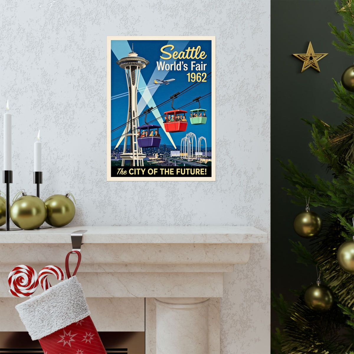 Seattle 1962 World's Fair | Retro Travel Print | Vertical Matte Poster | Mid-Century Modern Space Needle | Cable Cars | Vintage Cityscape