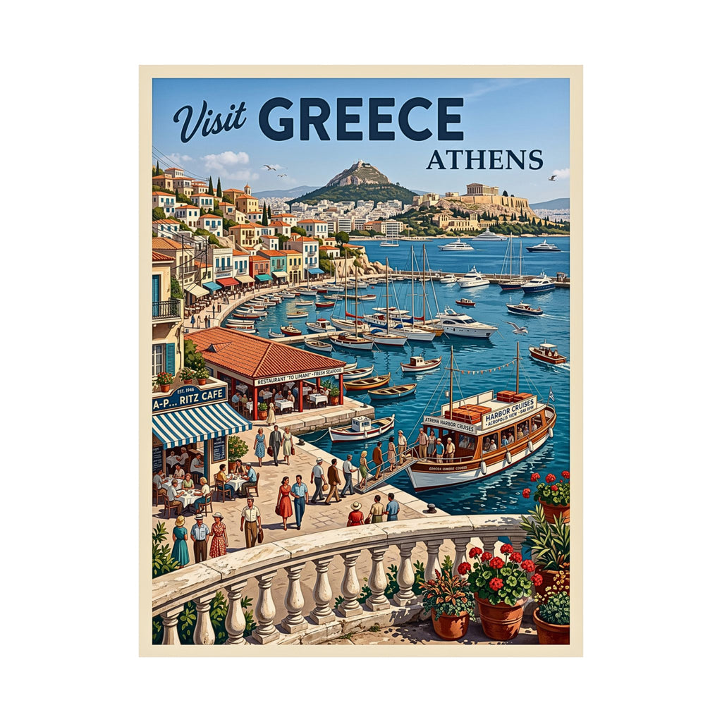 Vintage Athens Greece Classic Travel Print | Matte Vertical Poster | Mid-Century Mediterranean Harbor Wall Art | Retro Acropolis