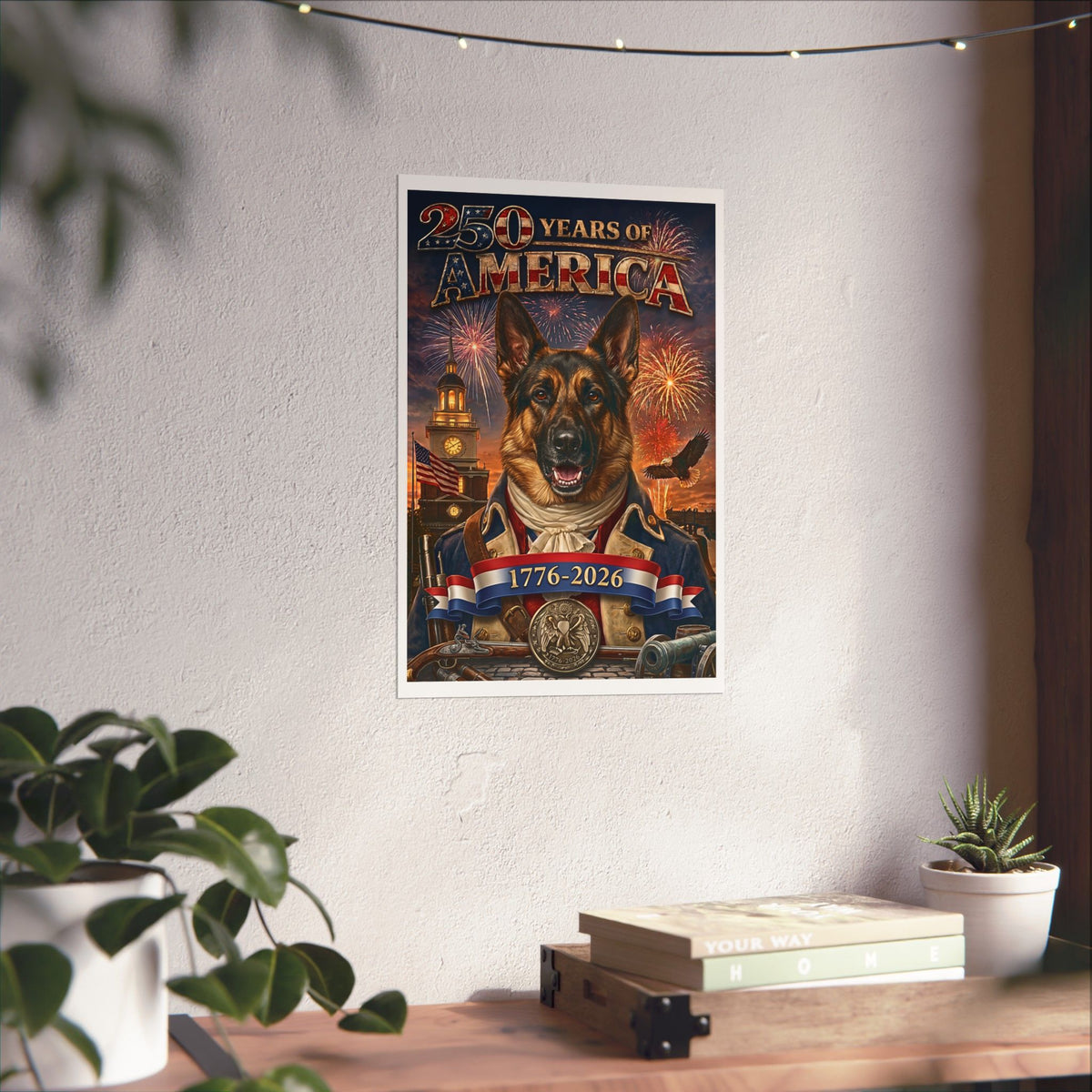 Patriotic GERMAN SHEPHERD Dog | Matte Finish Poster | 250 Years of America 1776-2026 | Independence Hall | Soaring Bald Eagle | 5 sizes