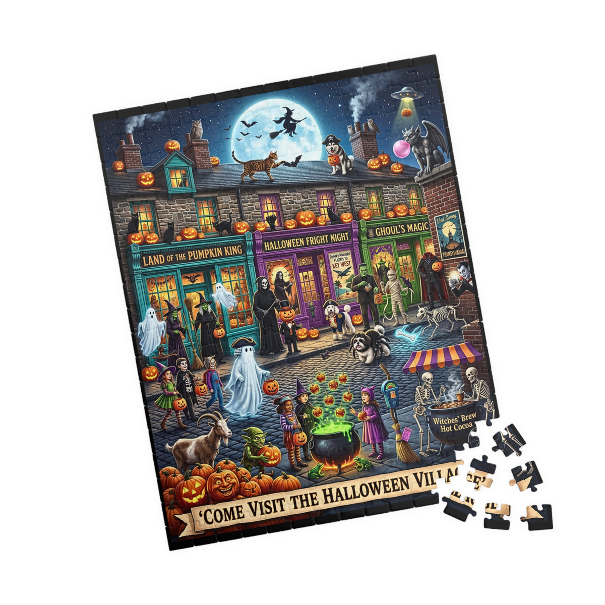 Whimsical Halloween Village | Jigsaw Puzzle | Spooky Town Night Scene | Classic Monsters, Costumed Trick-or-Treaters | Jack-o'-Lanterns