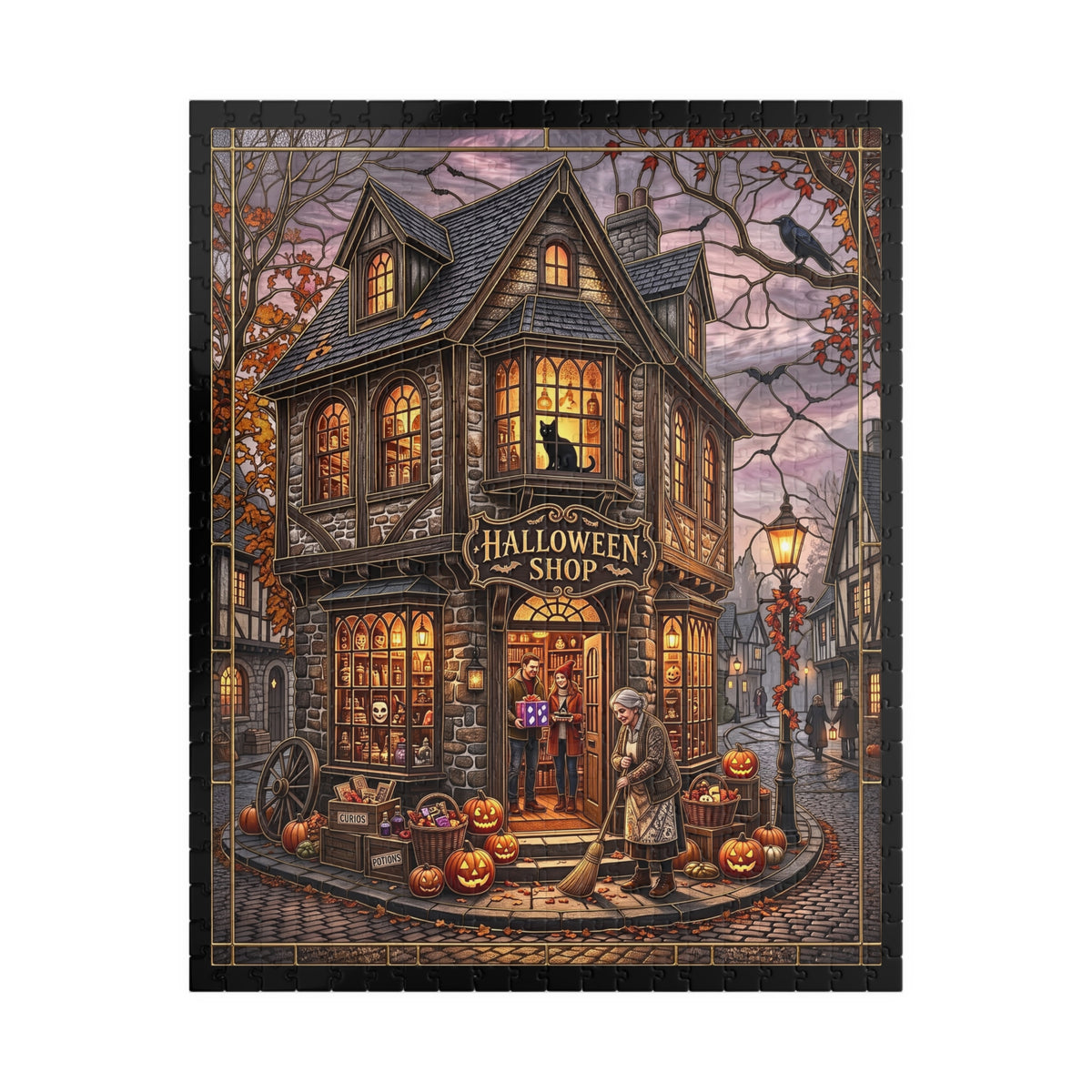 Magical Halloween Shop | Faux Stained-Glass Jigsaw Puzzle | Spooky Autumn Village Print | Whimsical Black Cat and Pumpkins Fall Decor