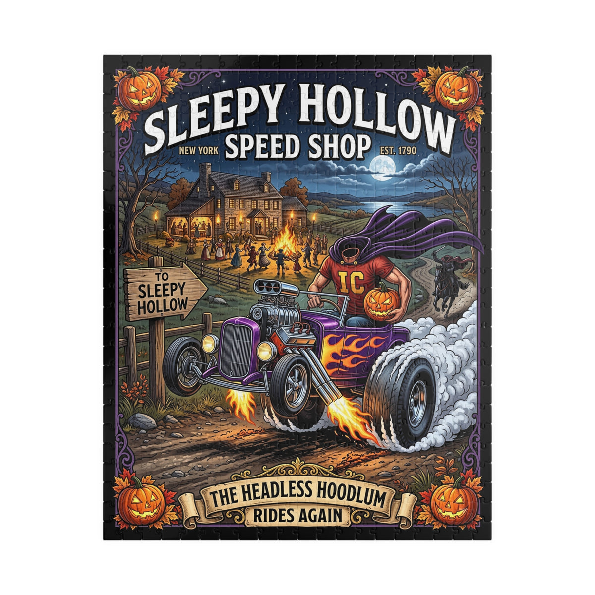 Sleepy Hollow Speed Shop Jigsaw Puzzle | Headless Horseman Vintage Hot Rod Art | Spooky Halloween Harvest Decor | Classic Car Halloween Gift
