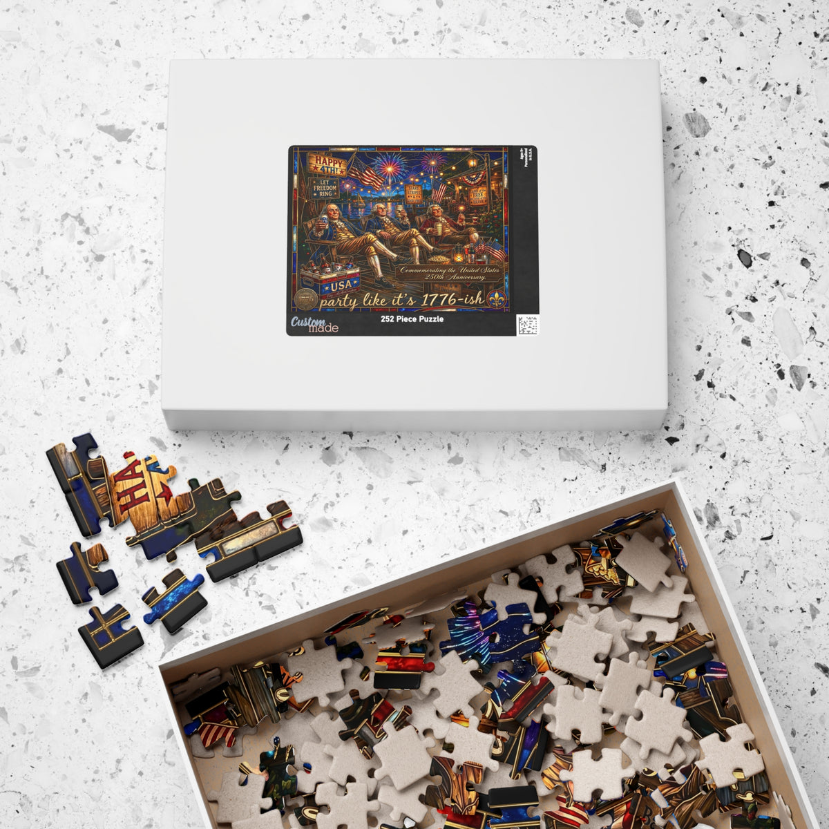 USA 250th Semiquincentennial 1776-2026 | America's Founding Fathers | Faux Stained-Glass Jigsaw Puzzle | BBQ Beer | Party Like It's 1776-ish