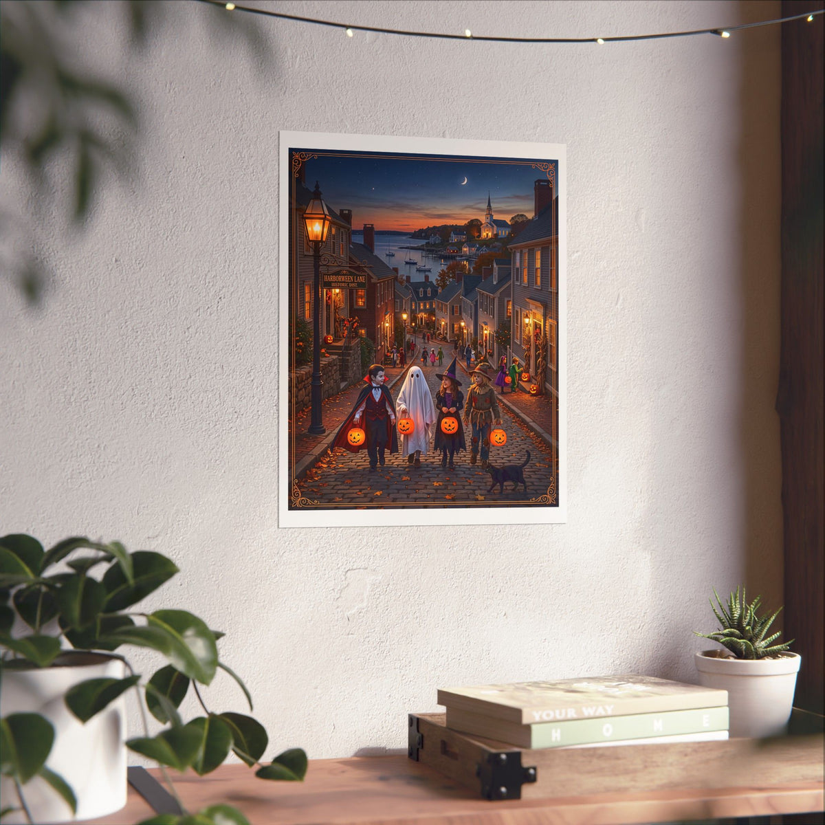 "HARBORWEEN LANE" Historic District | Matte Finish Poster – 7 Sizes | Nostalgic Night Town Scene | Classic Halloween Art | Spooky Retro Trick-or-Treat Village | Fall Gift for Kids & Adults