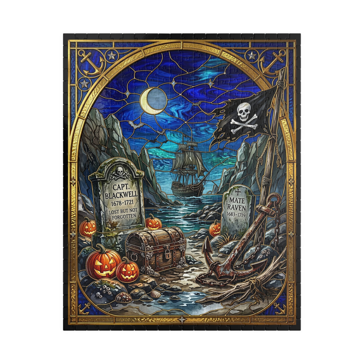 Haunted Pirate Graveyard | Stained-Glass Jigsaw Puzzle | Halloween Jolly Roger, Crescent Moon & Ghost Ship Art | Spooky Nautical Treasure