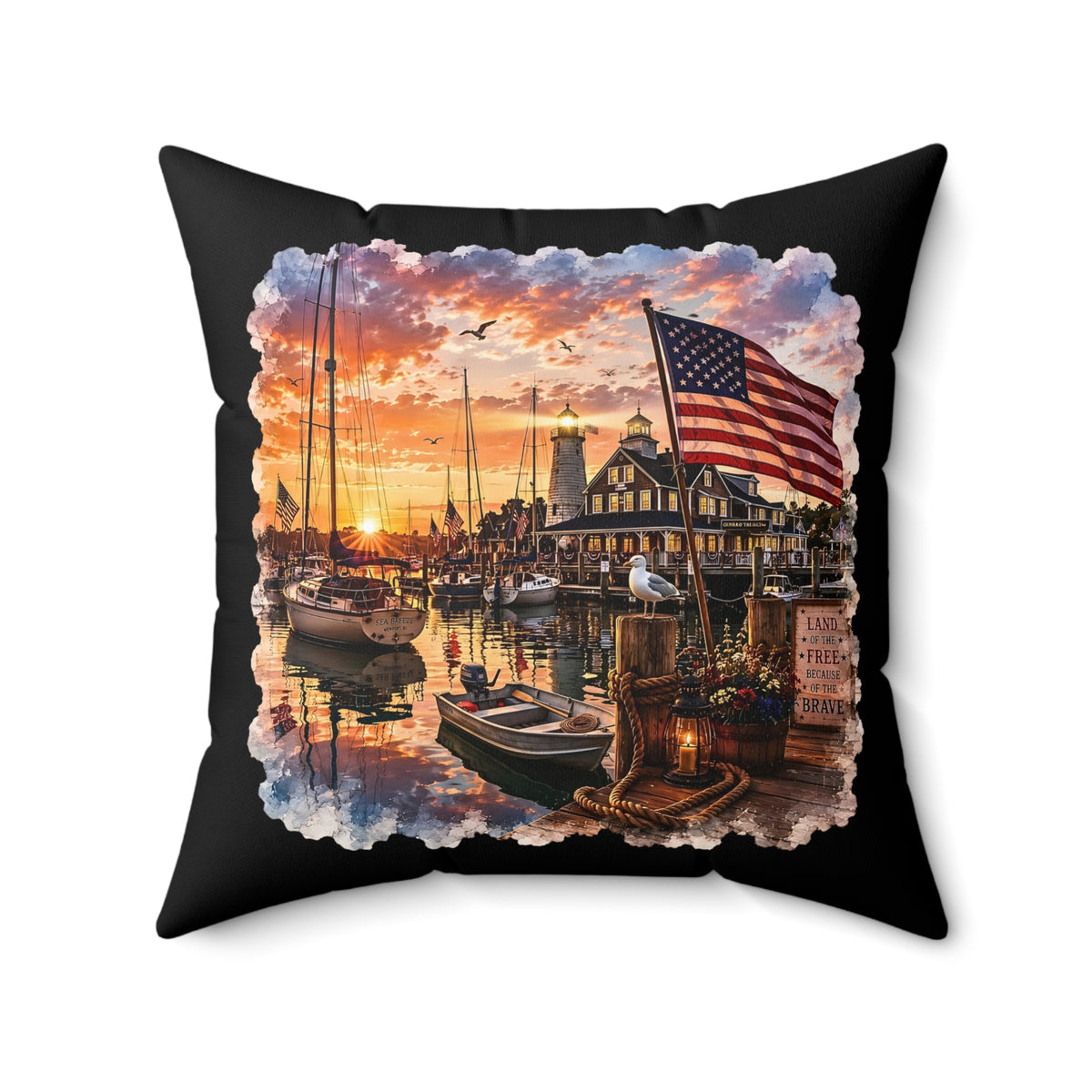 Patriotic Harbor Sunset Watercolor| Square Polyester Throw Pillow | Land of the Free Because of the Brave| Classic Lighthouse, American Flag