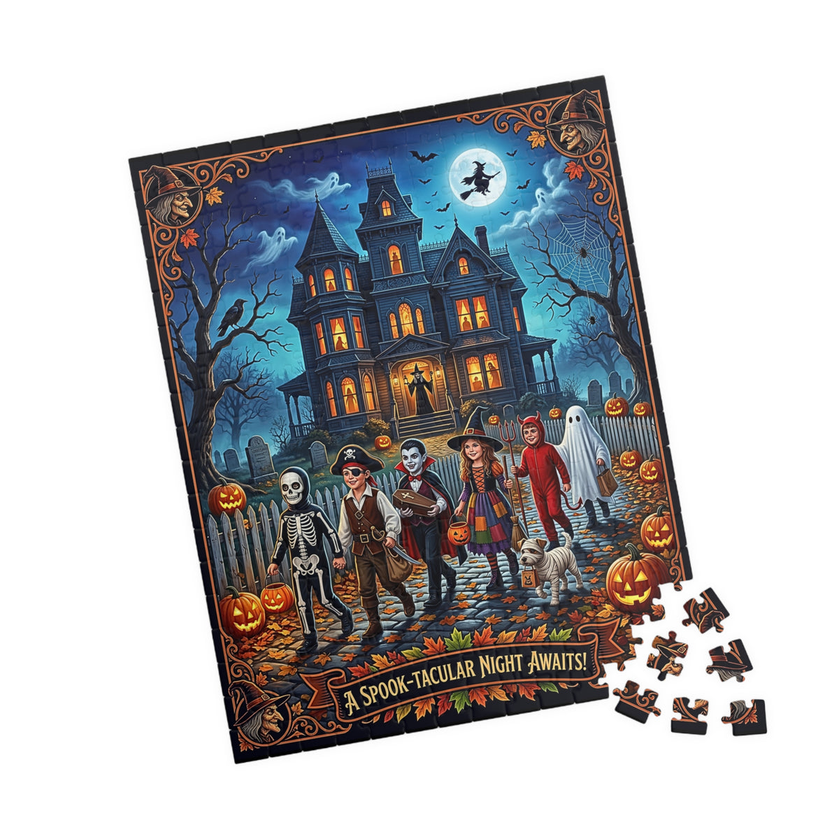 A Spook-tacular Night Awaits! | Jigsaw Puzzle | Vintage Halloween Victorian Haunted House | Trick-or-Treaters, Jack-o-Lanterns, Witches