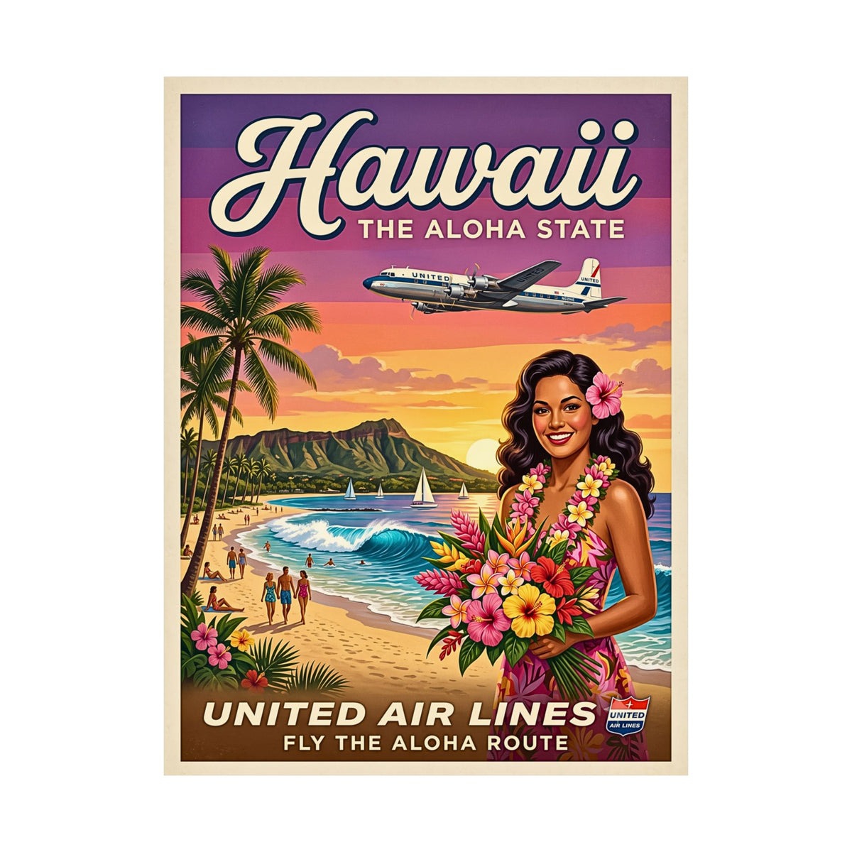 Vintage Hawaii Travel | Matte Vertical Poster | Retro Mid-Century Hawaiian Wall Art | Tropical Beach Airplane Print | The Aloha State