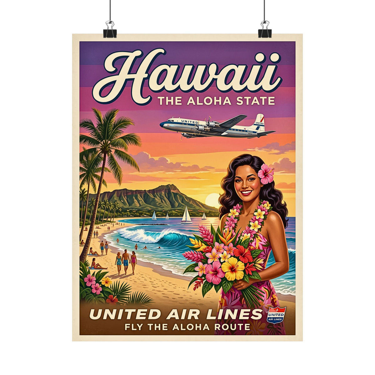 Vintage Hawaii Travel | Matte Vertical Poster | Retro Mid-Century Hawaiian Wall Art | Tropical Beach Airplane Print | The Aloha State