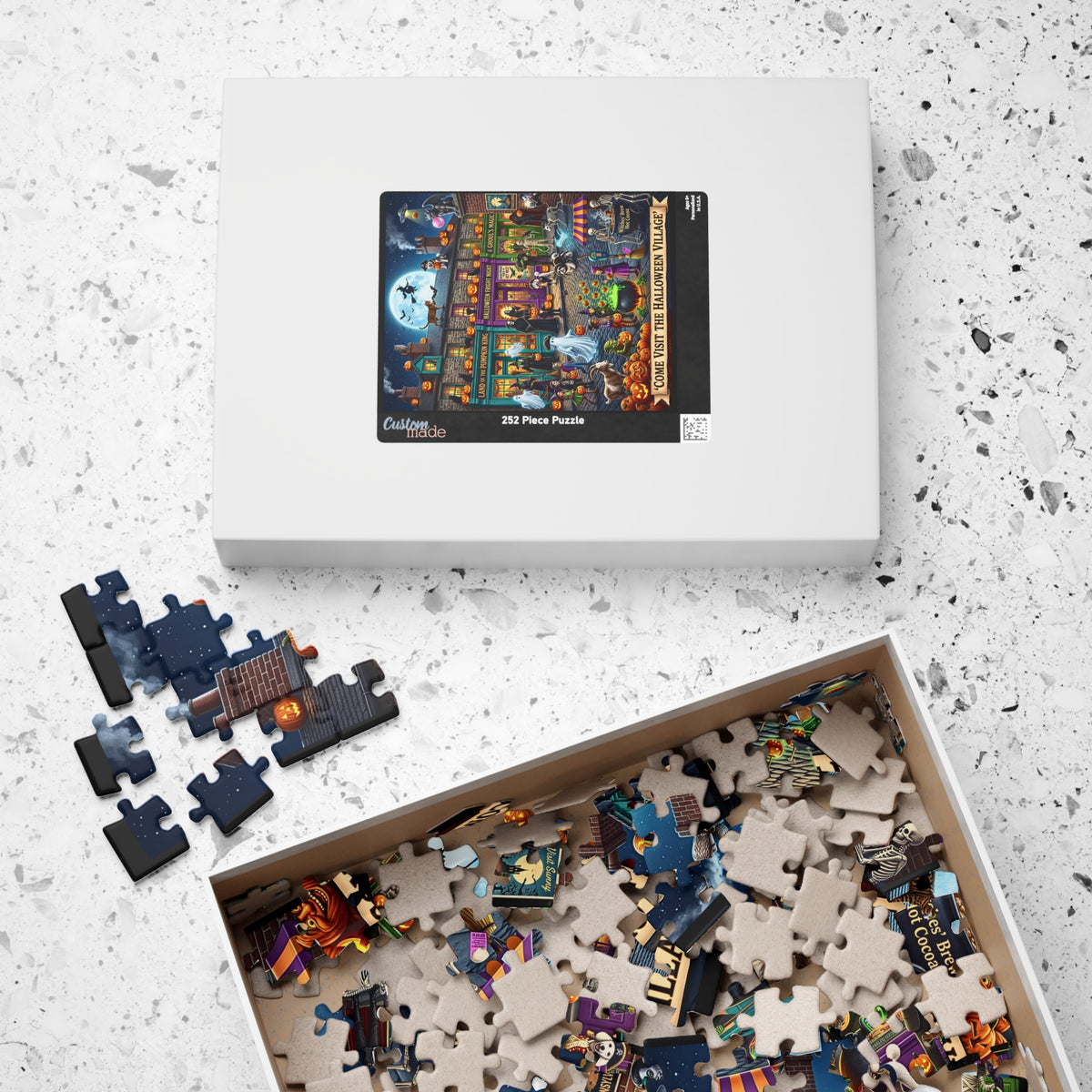 Whimsical Halloween Village | Jigsaw Puzzle | Spooky Town Night Scene | Classic Monsters, Costumed Trick-or-Treaters | Jack-o'-Lanterns