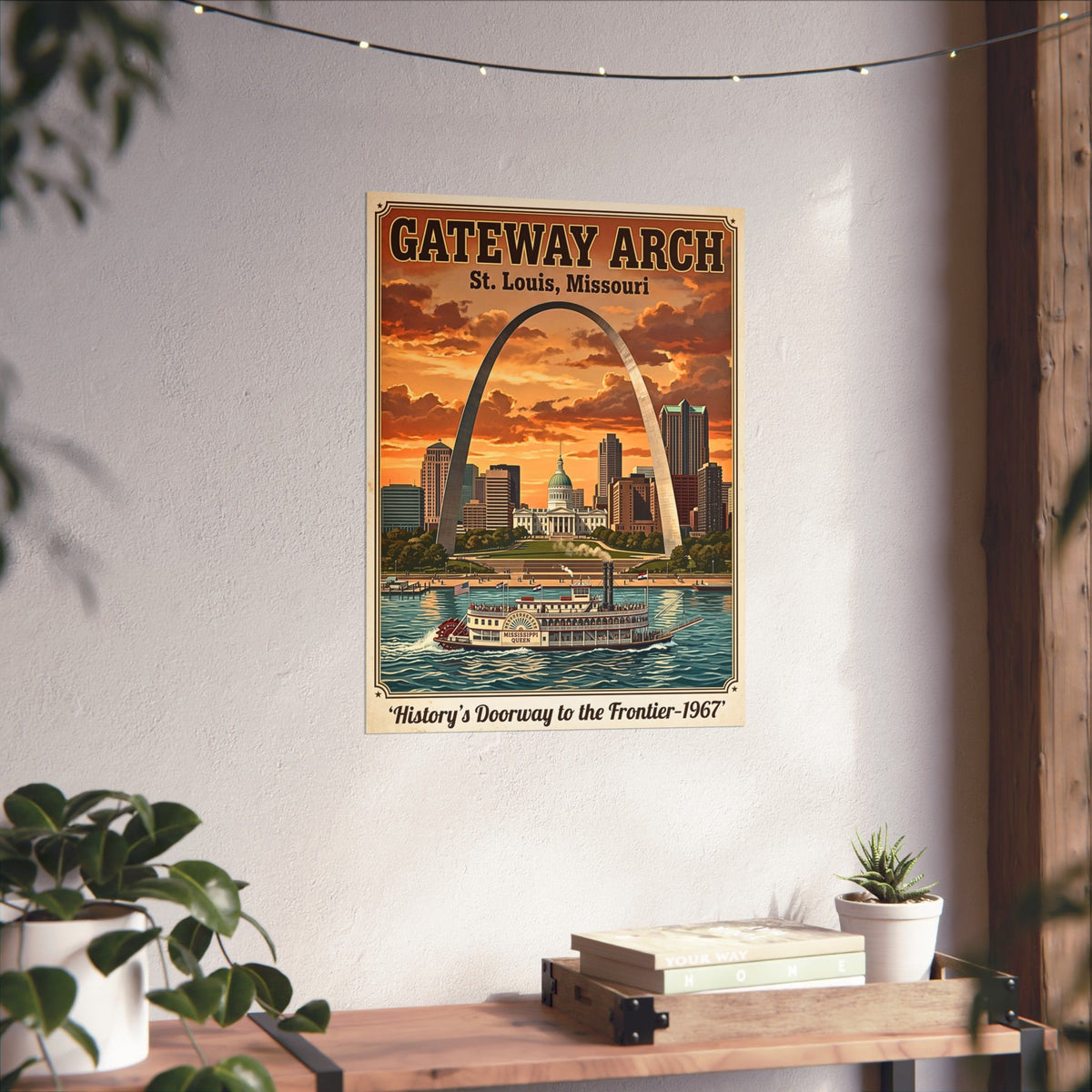 St. Louis Gateway Arch | Vertical Matte Travel Poster | Retro Mid-Century Wall Art | 1960's Historic Mississippi River Steamboat Graphic