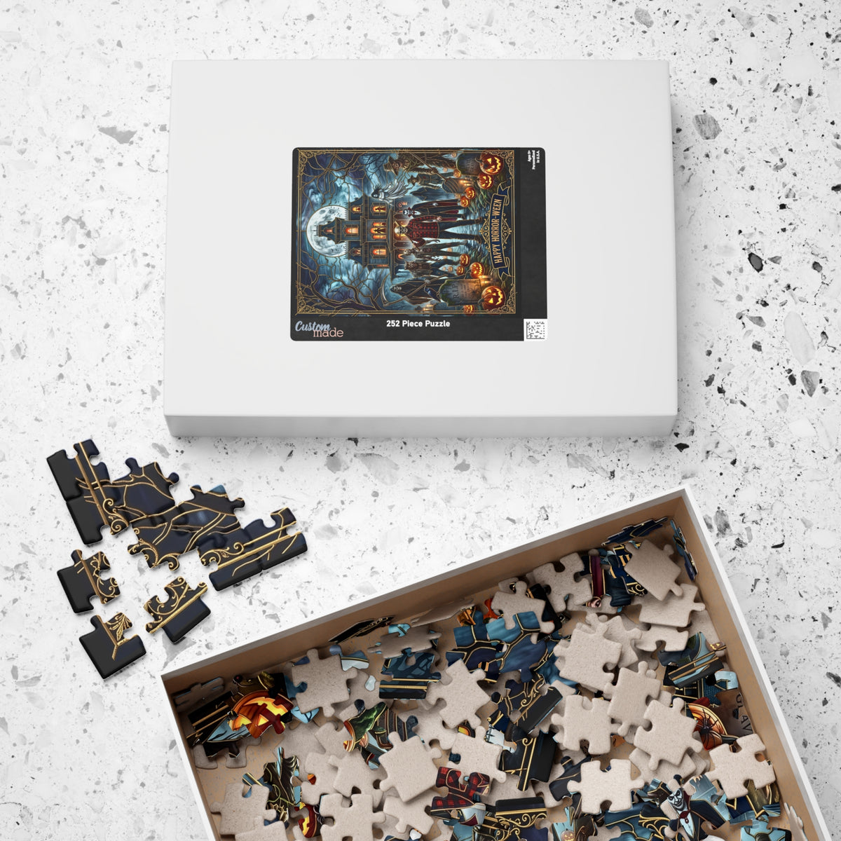 Victorian Haunted House | Faux Stained-Glass Jigsaw Puzzle | Happy Horror-Ween | Classic Horror Monsters, Jack-O-Lanterns, Creeping Spiders
