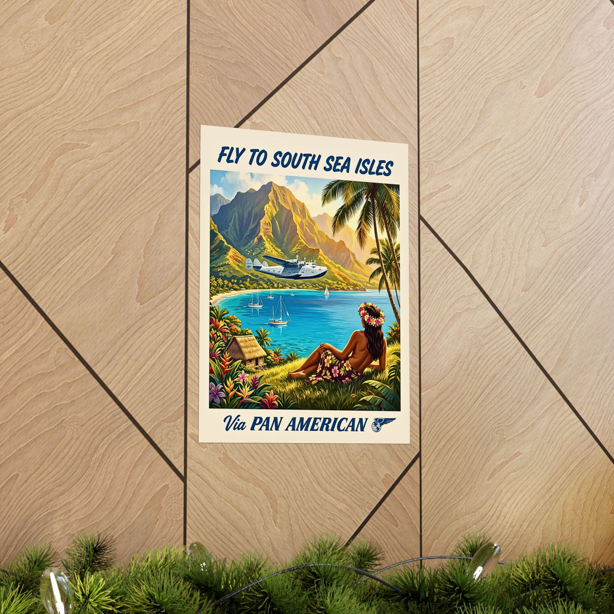 Fly to South Sea Isles | Vintage Travel Matte Poster| Retro Pan Am Clipper Seaplane Art| Tropical Island Decor | Midcentury Polynesian Print