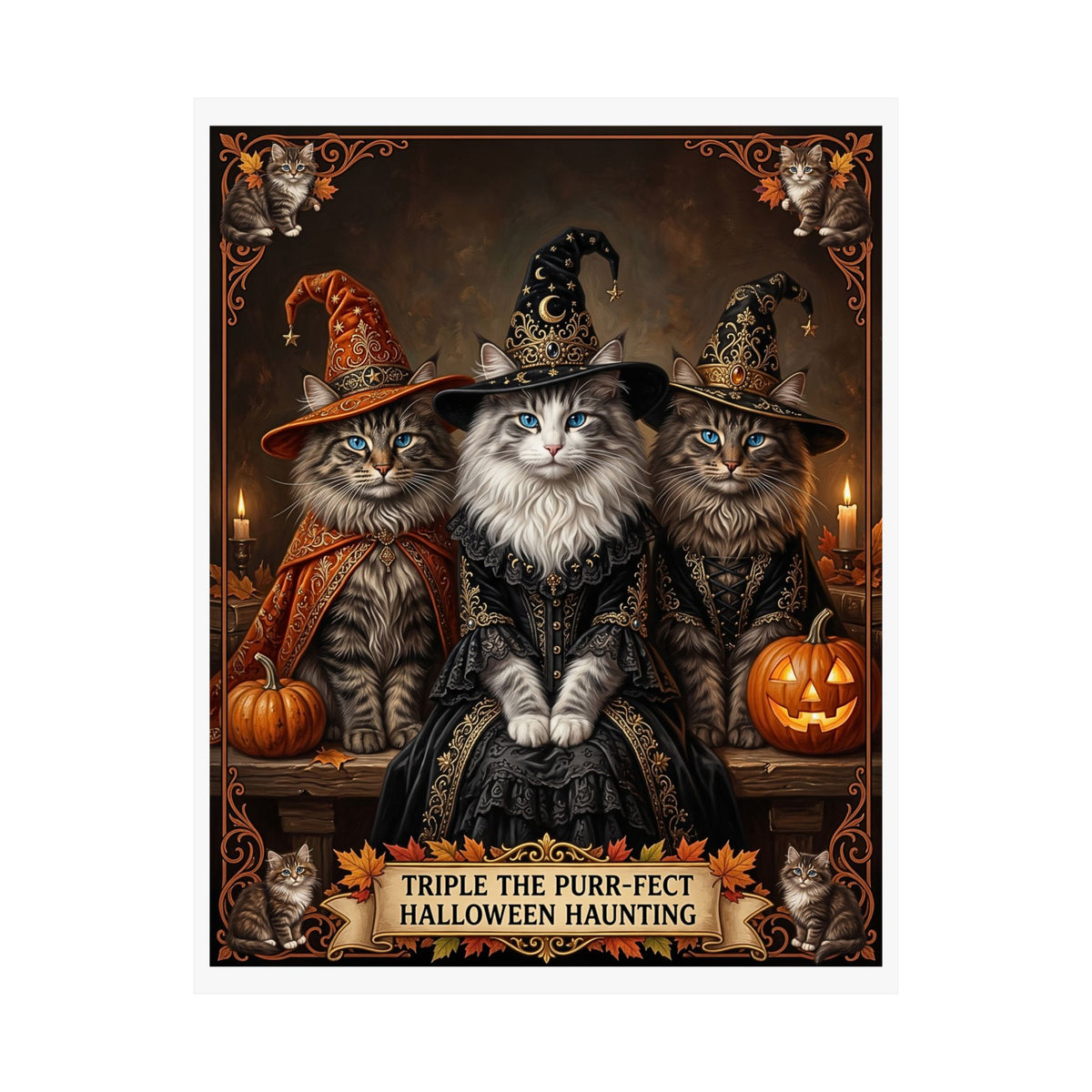 Witch Hat Norwegian Forrest Cat Kittens Halloween Poster | Triple The Purr-fect Haunting | Whimsical Dark Fantasy Wall Art