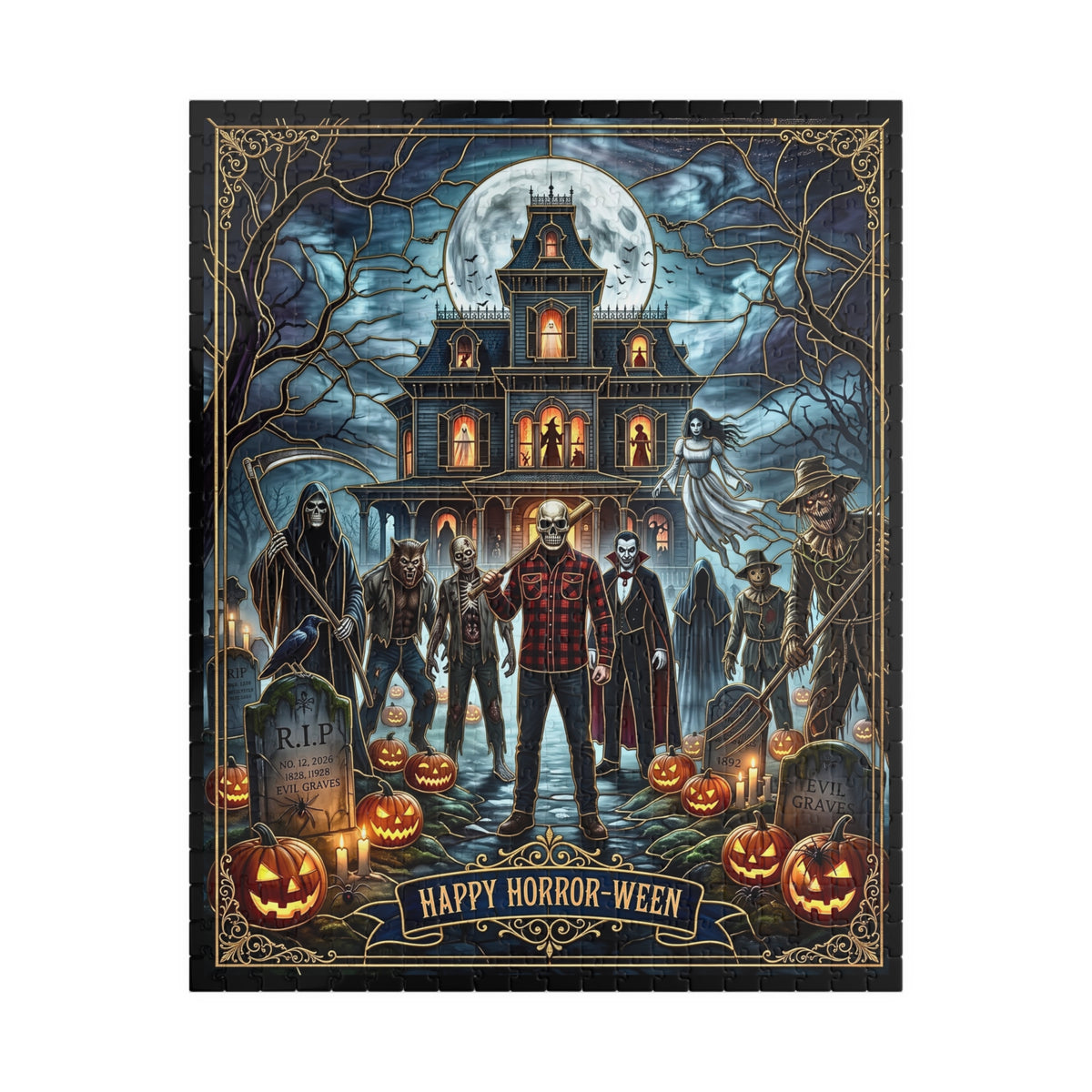 Victorian Haunted House | Faux Stained-Glass Jigsaw Puzzle | Happy Horror-Ween | Classic Horror Monsters, Jack-O-Lanterns, Creeping Spiders