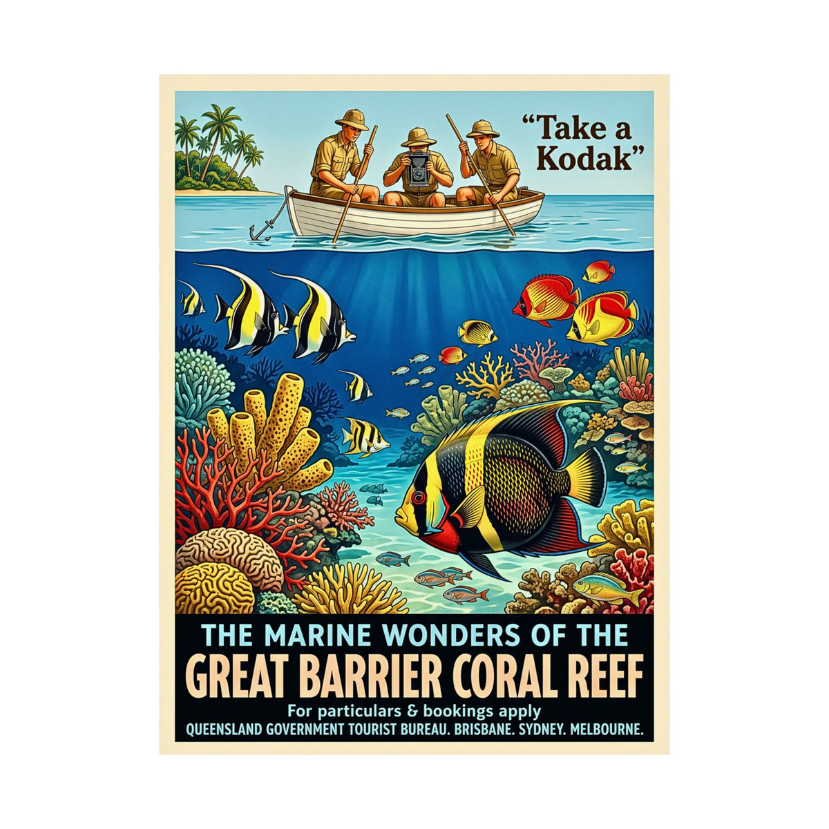 Vintage Australian Great Barrier Reef Travel Poster | Vertical Matte Print | 1930s Retro Ocean Coral Art | Mid-Century Marine Illustration