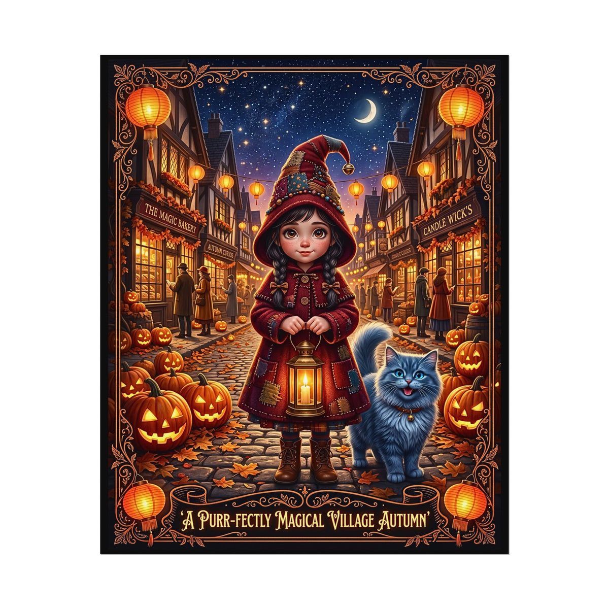 Whimsical Halloween Cute Girl and Blue Cat | Textured Watercolor Matte Poster | Purr-fectly Magical Autumn Village | Fall Jack-o'-Lanterns
