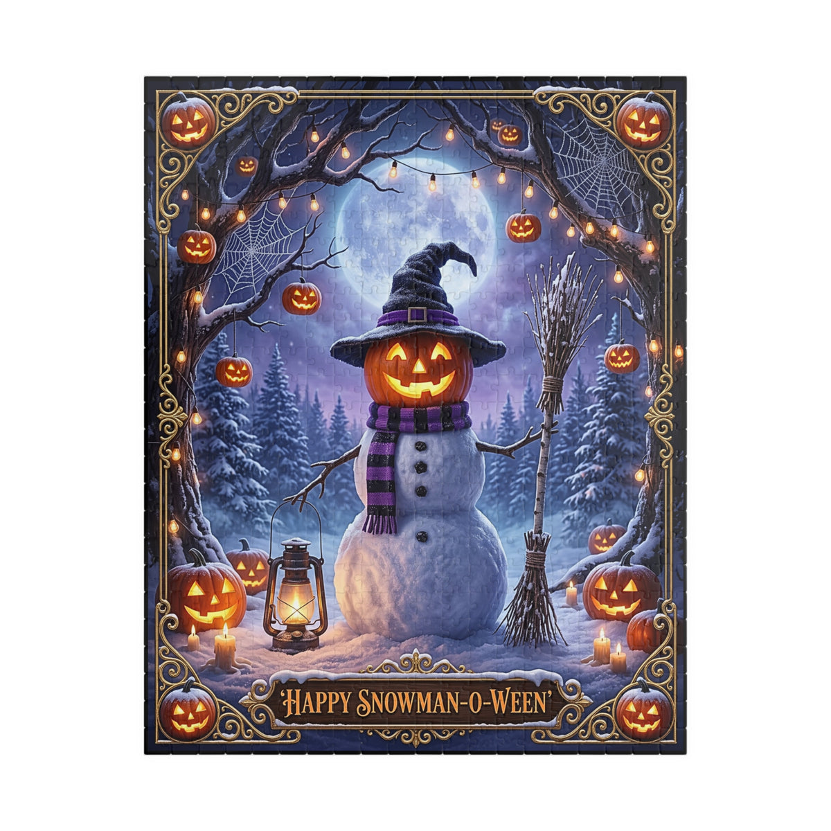 Whimsical 'Happy Snowman-O-Ween' Jigsaw Puzzle | Witch Hat Jack-o'-Lantern Art | Halloween Fall to Winter Mashup | Enchanted Forest Decor