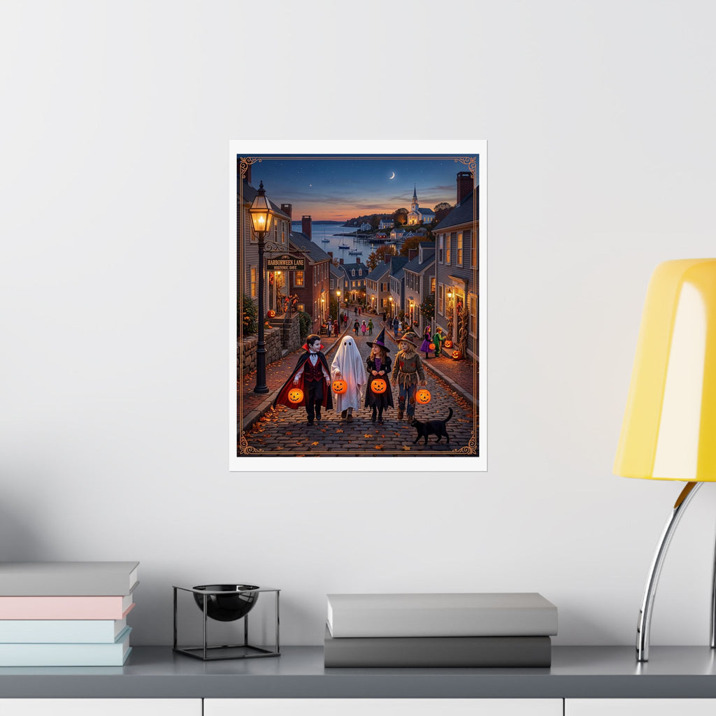 "HARBORWEEN LANE" Historic District | Matte Finish Poster – 7 Sizes | Nostalgic Night Town Scene | Classic Halloween Art | Spooky Retro Trick-or-Treat Village | Fall Gift for Kids & Adults