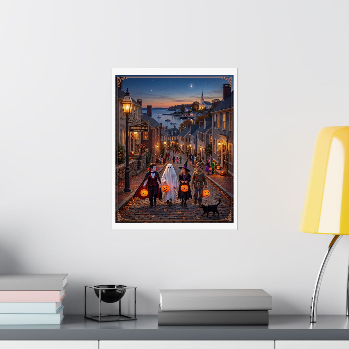 "HARBORWEEN LANE" Historic District | Matte Finish Poster – 7 Sizes | Nostalgic Night Town Scene | Classic Halloween Art | Spooky Retro Trick-or-Treat Village | Fall Gift for Kids & Adults