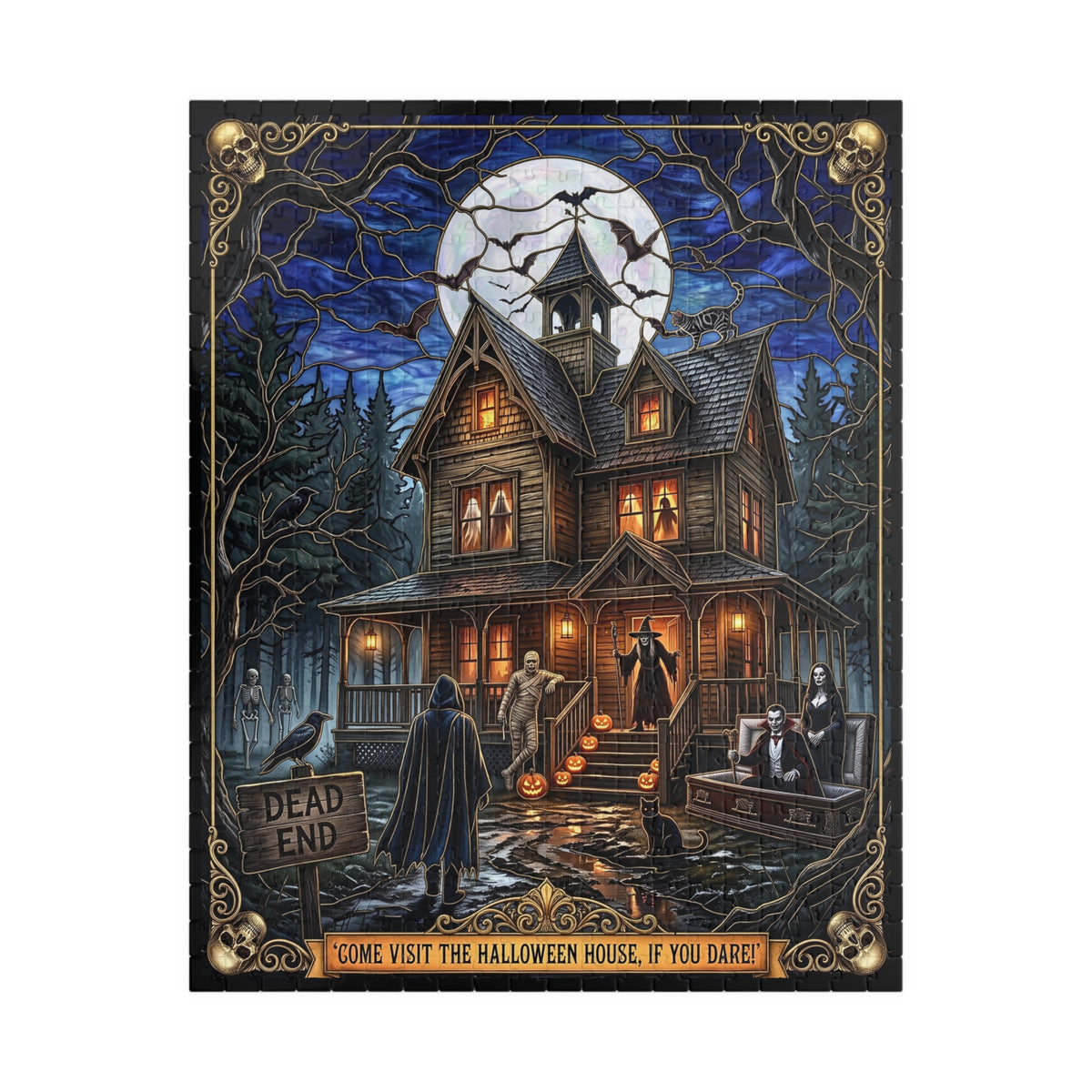 Vintage Haunted Halloween Mansion | Faux Stained-Glass Jigsaw Puzzle | Spooky Victorian Estate | Classic Monsters-Vampire, Mummy and Witch