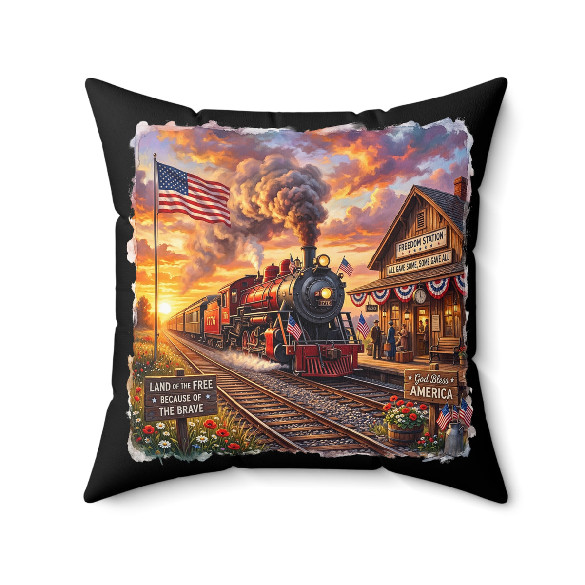 God Bless America | Square Polyester Throw Pillow | 250th Semiquincentennial 1776-2026 | Vintage 1776 Steam Train, US Flag, Freedom Station