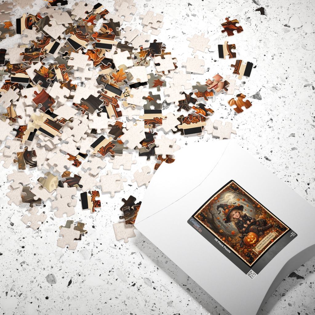 Vintage Double the Purr-fect Halloween Jigsaw Puzzle | Young Blonde Witch, Black Kittens | Autumn Jack-o'-Lantern | Fall Leaves & Full Moon