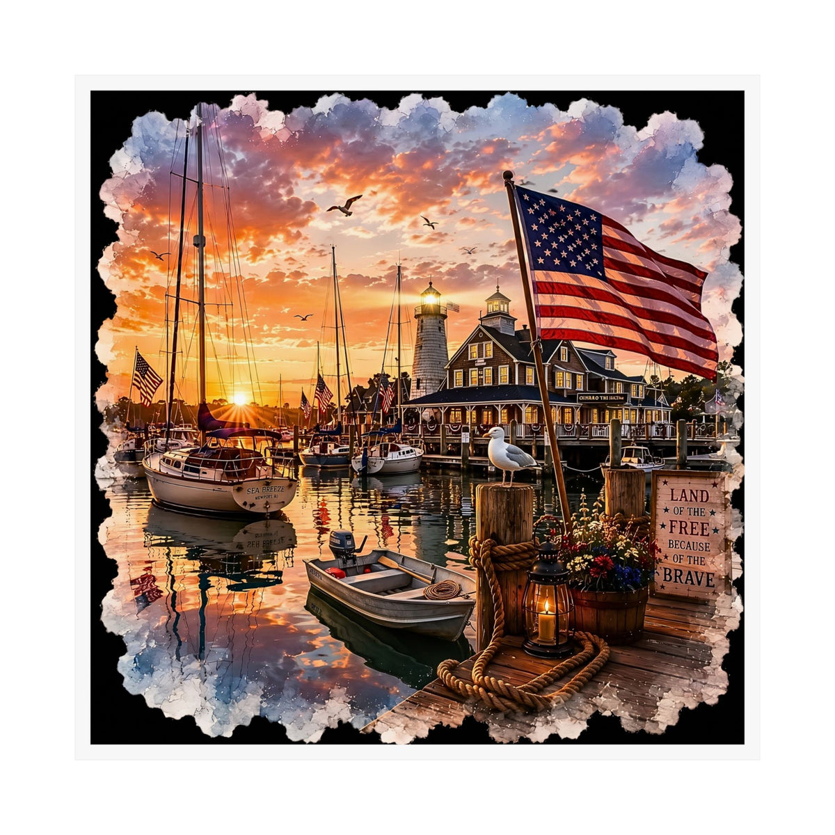 Patriotic Harbor Sunset Watercolor| Matte Square Poster | Land of the Free Because of the Brave Design | Classic Lighthouse, American Flag