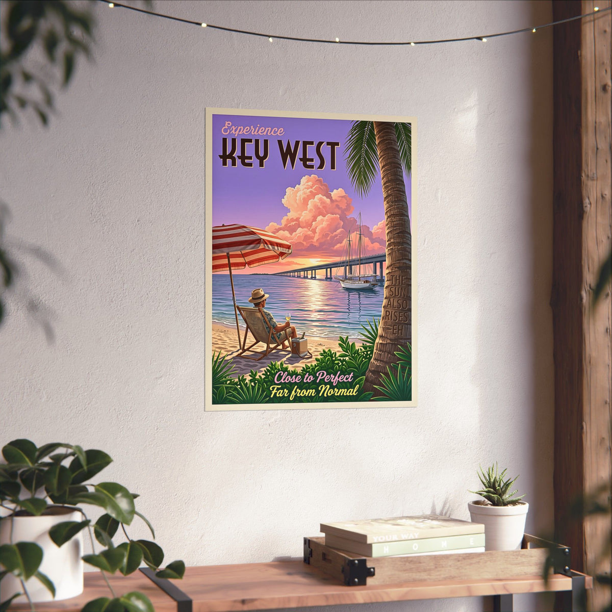 Vintage Key West Travel Poster | Matte Vertical Print | Retro Florida Keys Beach | Sailboat & Sunset Illustration| Mid-Century Coastal Decor