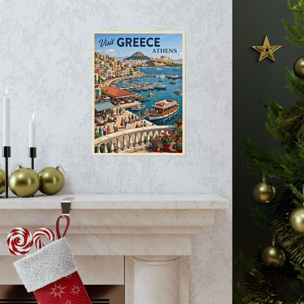 Vintage Athens Greece Classic Travel Print | Matte Vertical Poster | Mid-Century Mediterranean Harbor Wall Art | Retro Acropolis