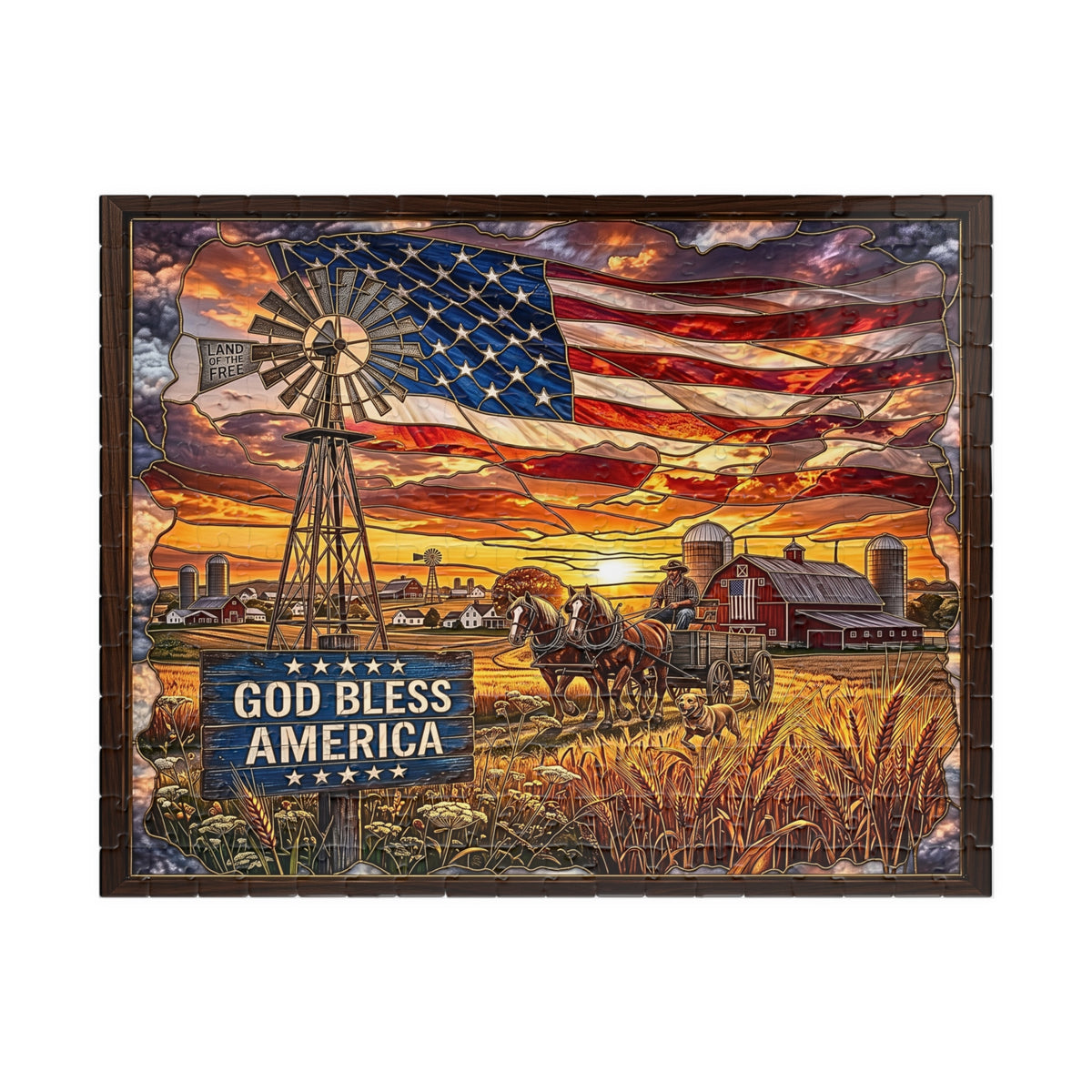 God Bless America Stained-Glass Jigsaw Puzzle | Rustic Country Farm | Sunset with Farmer, Windmill, Horses | Vintage Americana American Flag Gift