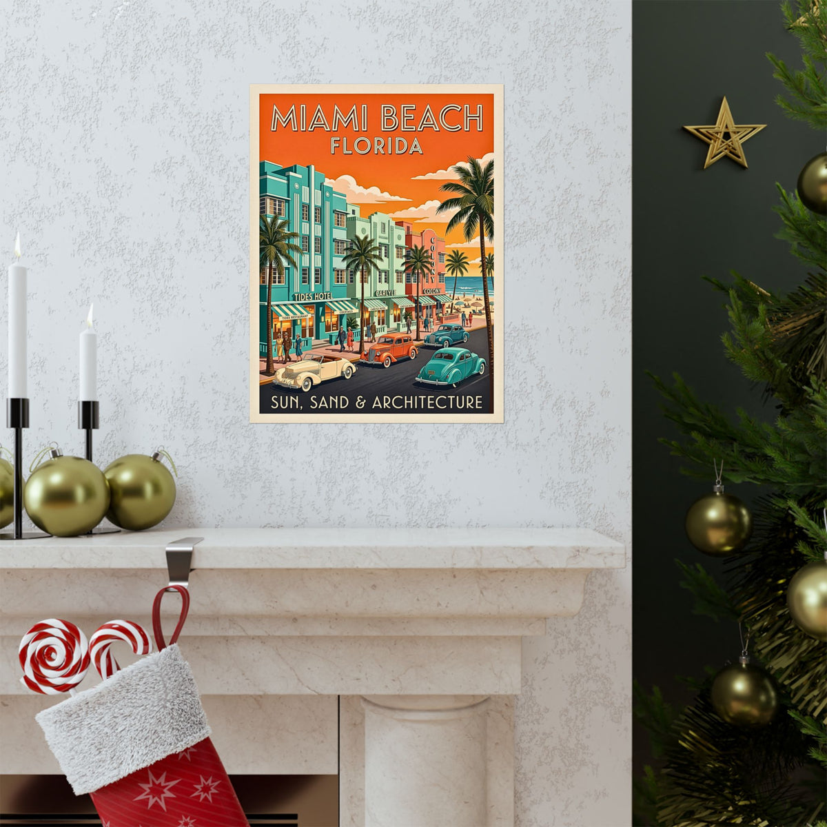 Miami Beach Florida Art Deco Travel | Matte Poster | Retro Vintage Mid-Century Wall Art | Ocean Drive, Tides & Carlyle Hotels, Classic Cars