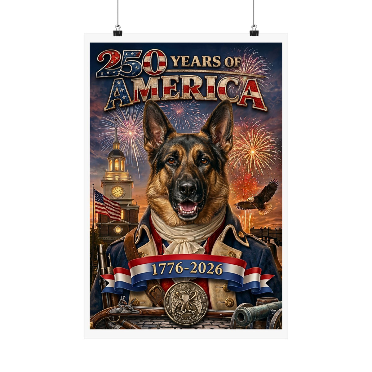 Patriotic GERMAN SHEPHERD Dog | Matte Finish Poster | 250 Years of America 1776-2026 | Independence Hall | Soaring Bald Eagle | 5 sizes