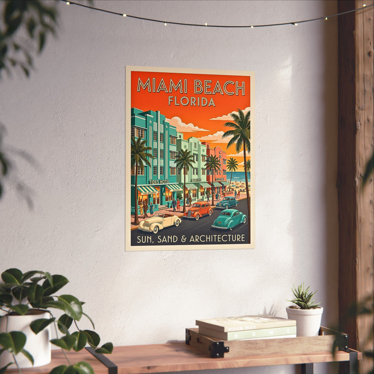 Miami Beach Florida Art Deco Travel | Matte Poster | Retro Vintage Mid-Century Wall Art | Ocean Drive, Tides & Carlyle Hotels, Classic Cars