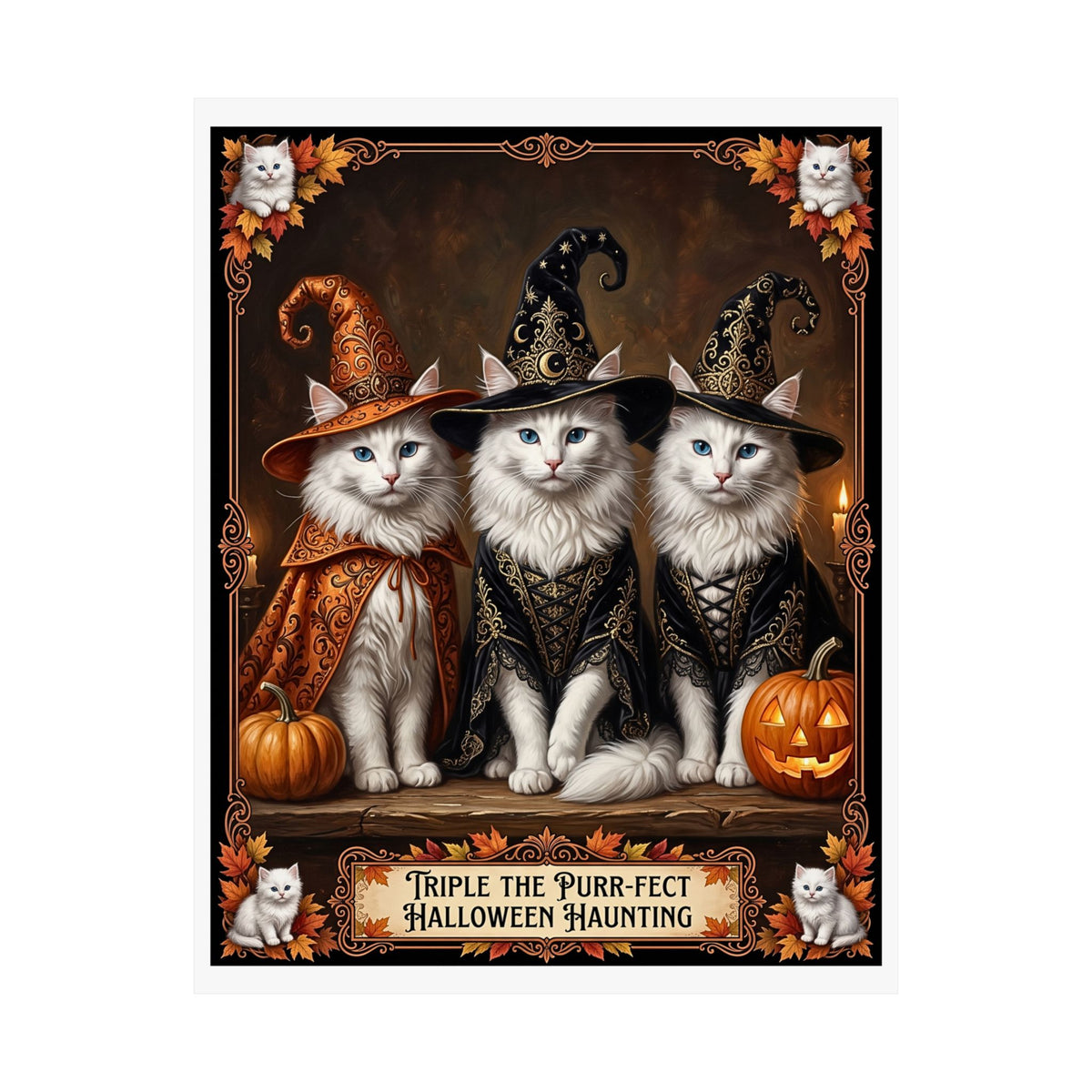 Witch Hat Turkish Angora Kittens Halloween Poster | Triple The Purr-fect Haunting | Whimsical Dark Fantasy Wall Art