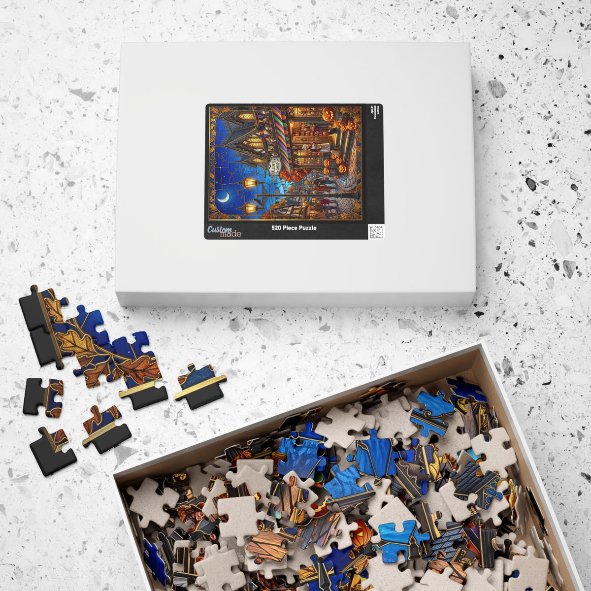 Magical Halloween Shop | Faux Stained-Glass Jigsaw Puzzle | Gothic Autumn Town | Whimsical Spooky Village Street Scene | Black Cat, Pumpkins