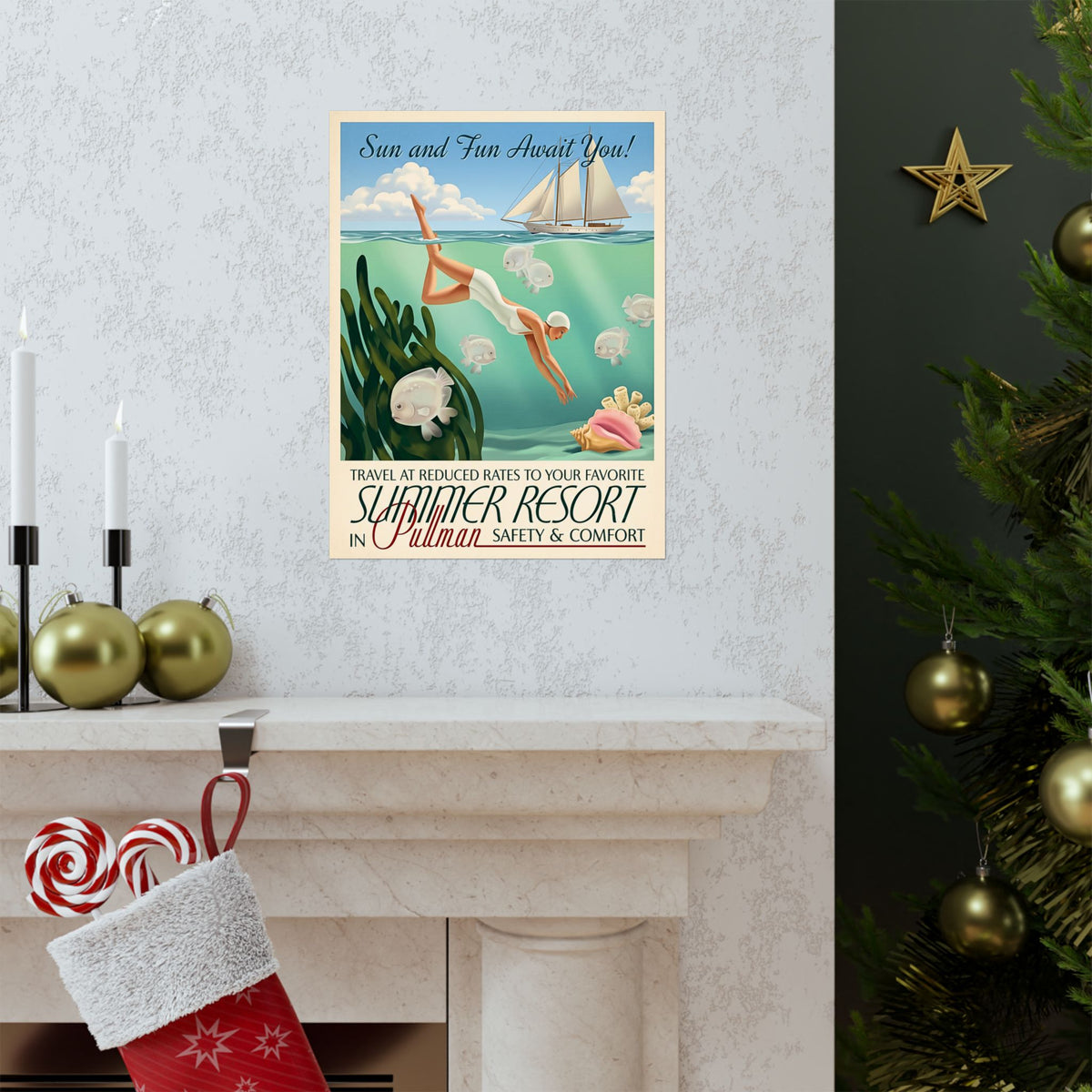 Vintage Travel Poster | Matte Vertical Poster | Retro Woman Diver & Sailboat | Pullman Summer Resort Beach Art | Mid-Century Nautical Decor