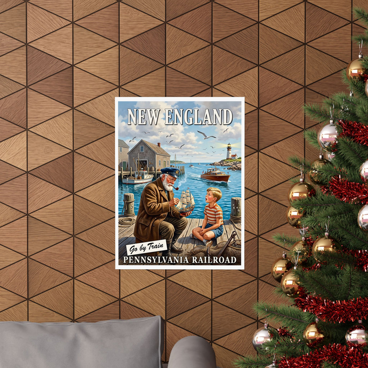 Vintage New England Mid-Century Travel Advertisement |Matte Vertical Poster|Nautical Sea Captain Wall Art|Go By Train Pennsylvania Railroad