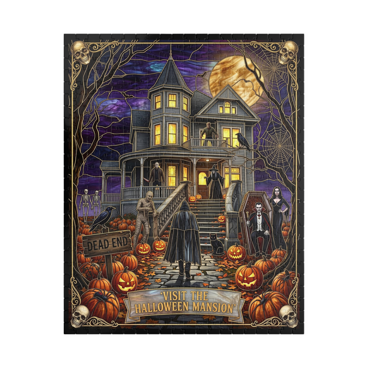Halloween Mansion Art | Faux Stained-Glass Jigsaw Puzzle | Gothic Victorian Haunted House | Spooky Charcters, Count Dracula, Witch & Mummy