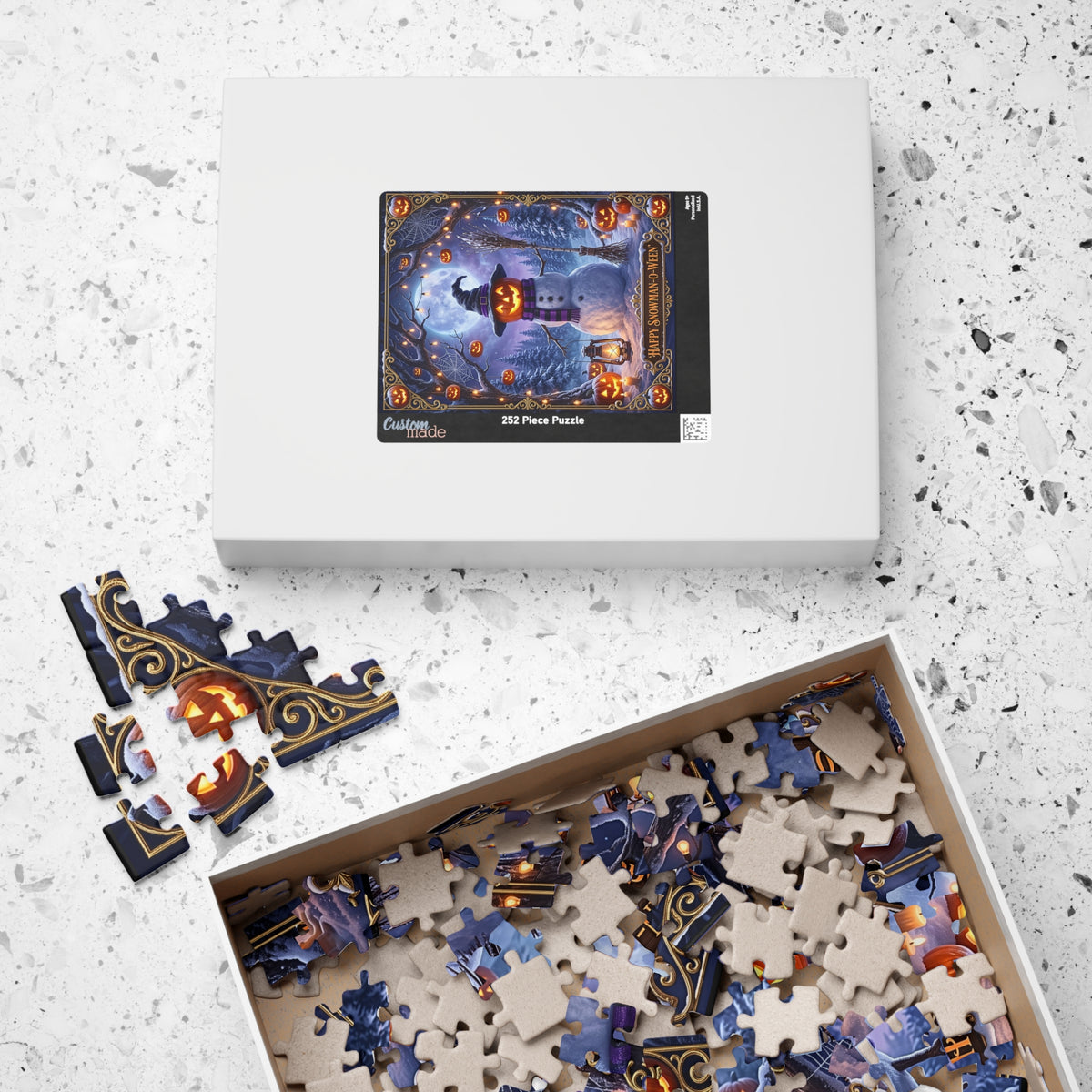 Whimsical 'Happy Snowman-O-Ween' Jigsaw Puzzle | Witch Hat Jack-o'-Lantern Art | Halloween Fall to Winter Mashup | Enchanted Forest Decor
