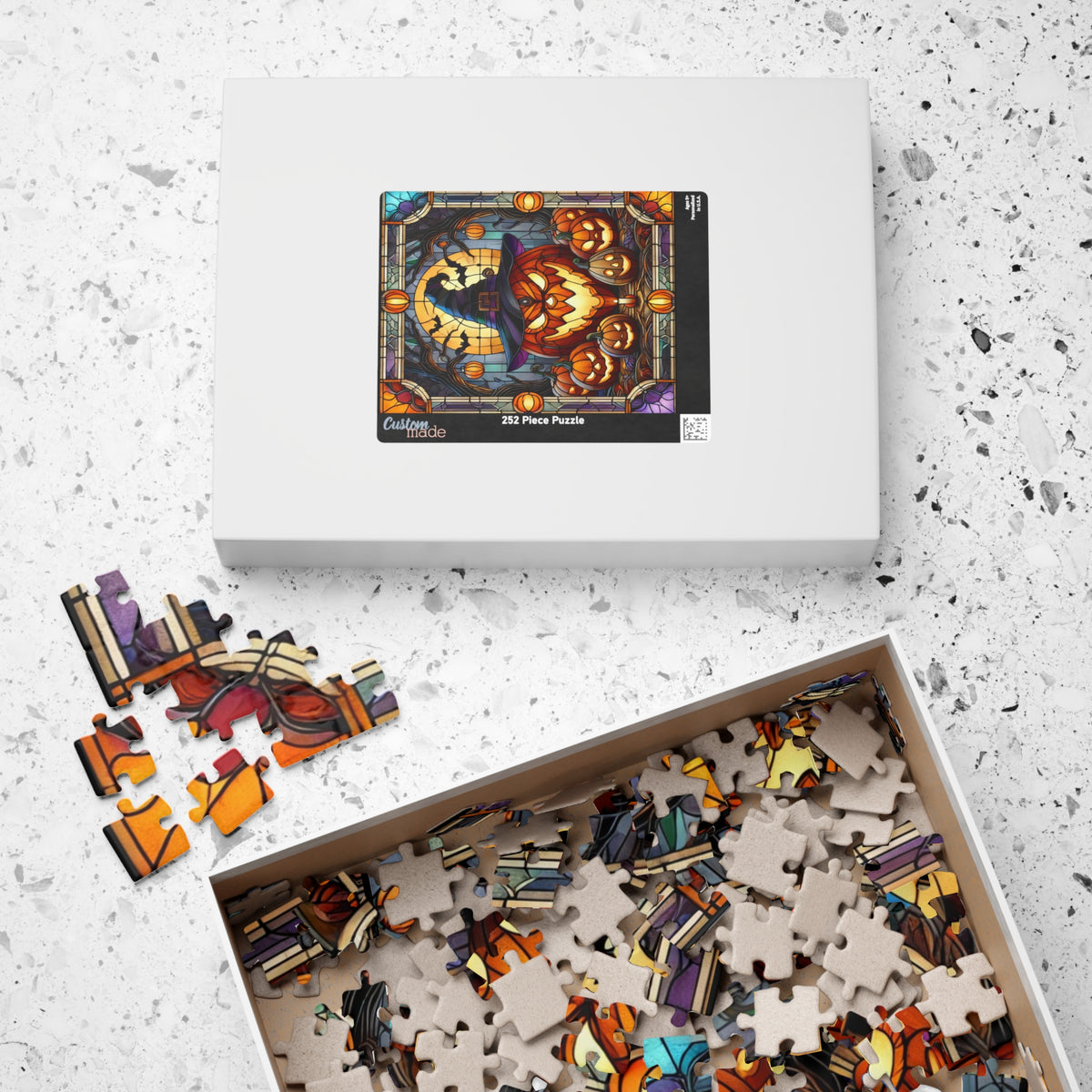 Halloween Puzzle | Faux Stained-Glass Art | Featuring Pumpkins, Witches Hat, Bats and Candles | Perfect Spooky Activity & Gift for Halloween Fans