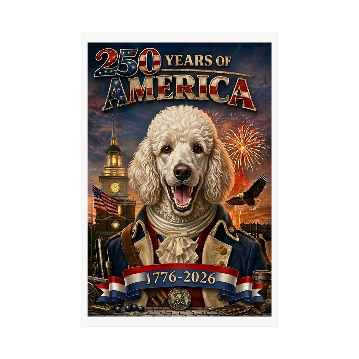 Patriotic POODLE Dog | Matte Finish Poster | 250 Years of America 1776-2026 | Independence Hall | Soaring Bald Eagle | Fireworks | 5 sizes
