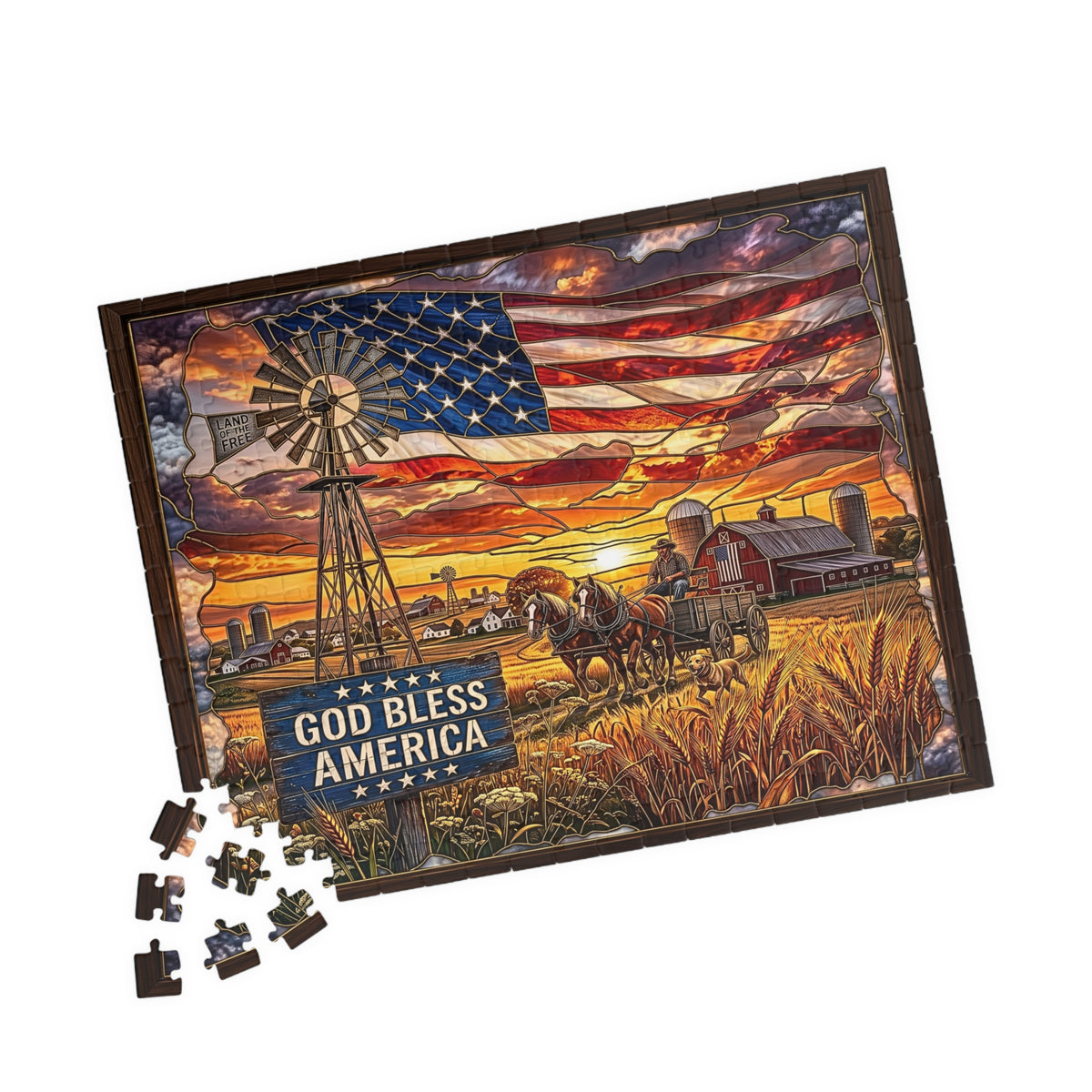 God Bless America Stained-Glass Jigsaw Puzzle | Rustic Country Farm | Sunset with Farmer, Windmill, Horses | Vintage Americana American Flag Gift